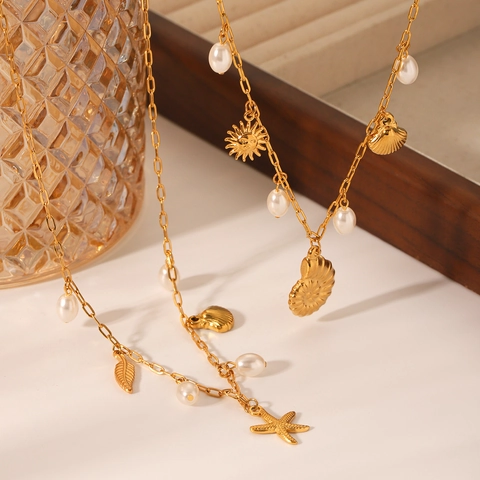 Collier Style Plage Océan En Acier Inoxydable Avec Pendentif Künstliche Perle Coquillage Étoile De Mer Doré Bijoux D'été Pour Femmes