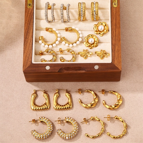 Stainless Steel Gold Plated Hoop Stud Earrings Faux Artificial Pearls Rhinestones Women Vintage Elegant Fashion Accessories