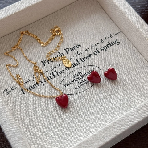 Collier Et Boucles Oreilles Coeur Rétro Pour Femmes Cuivre Plaqué Or Avec Zircon Rouge Et Tige Oreille En Argent