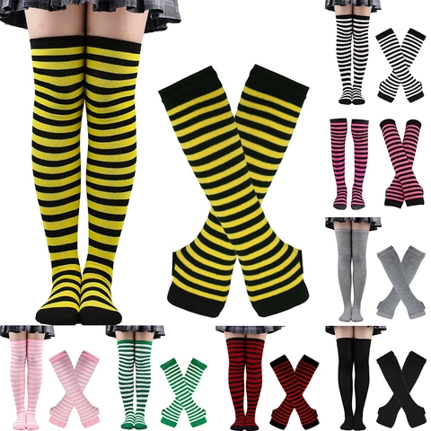 Striped Over Knee Socks And Arm Sleeves Polyester Cotton Knit Long Fingerless Gloves Halloween Cosplay Party