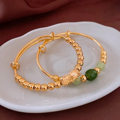 Bracelet Ajustable En Cuivre Plaqué Or 18 Carats Avec Pendentif Pixiu Et Perles De Jade Vert Bijoux De Style Chinois Pour Femmes