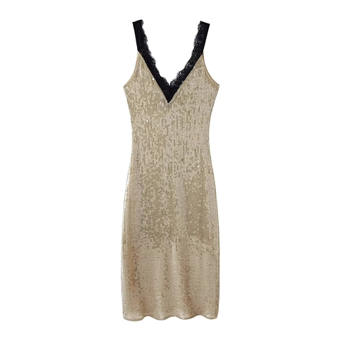 Abito Midi Da Donna Con Paillettes Bordo In Pizzo Scollo A V Spalline Sottili Vestibilità Aderente Festa Cocktail