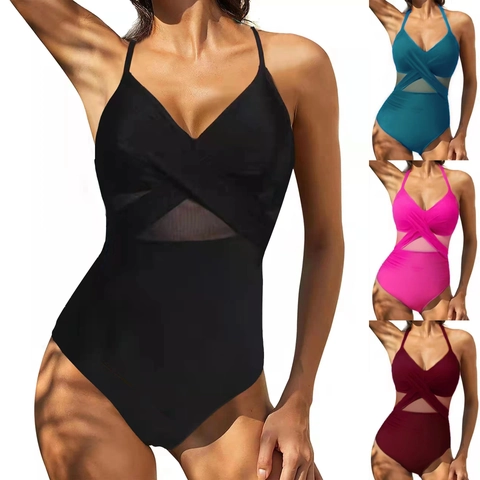 Bañador De Una Pieza Para Mujer Nylon Malla Patchwork Espalda Descubierta Cruzado Sexy Color Sólido Monokini