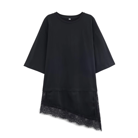 T-Shirt Femme Patchwork Dentelle Ourlet Asymétrique Oversized Manches Courtes Col Rond Casual Streetwear