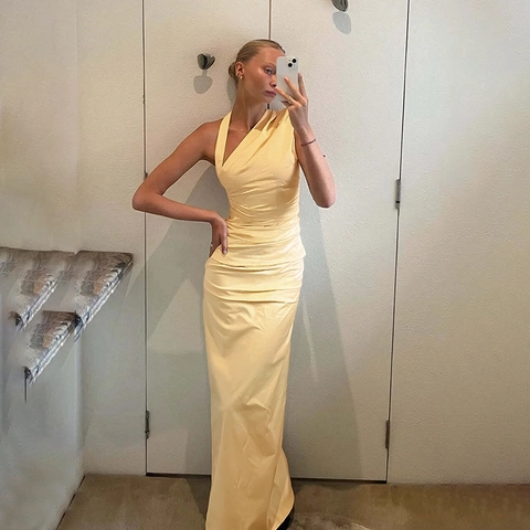 One Shoulder Maxi Dress Ruched Backless Bodycon Elegant Ice Satin Texture Floor Length Evening Party Gown For Women