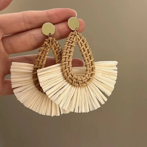 Pendientes Colgantes Bohemios Ratán Trenzado Cuentas Madera Flores Aleación Poste Plata Estilo Étnico Vintage Para Mujeres