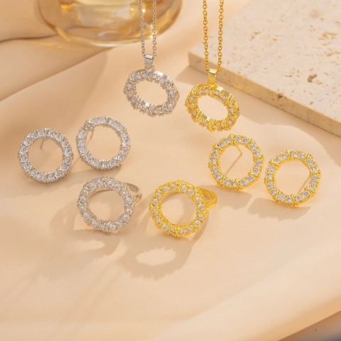Collana Orecchini Anello Acciaio Inossidabile Rame Placcato Oro Zirconia Pavé Circolare Geometrico Elegante Accessorio Donna