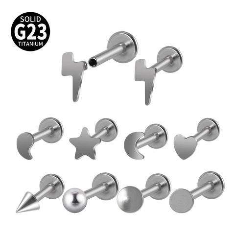 Solid G23 Titanium Labret Stud Internal Thread Lip Ring Ear Cartilage Tragus Piercing Star Moon Heart Lightning Jewelry