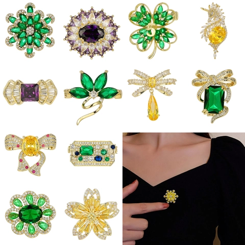 Eleganter Kupfer Zirkon Blumen Schleifen Brosche Anstecknadel Für Damen Vintage Kristall Strass Korsage Anzug Zubehör Schmuck