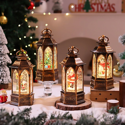 Weihnachts Laterne Schneekugel LED Beleuchtet Glitzer Wirbel Weihnachtsmann Schneemann Retro Bronze Dekoration Geschenk