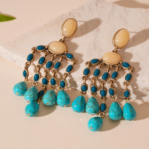 Orecchini Pendenti Con Nappa Bohémien Vintage A Goccia Lega Imitazione Turchese Resina Con Perno In Argento Per Donna Stile Etnico