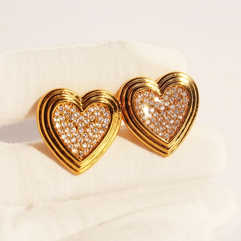 Vintage Messing Hart Oorknopjes Micro Pave Zirconia 925 Sterling Zilver Stift Luxe Goudkleurige Hart Oorbellen Voor Dames