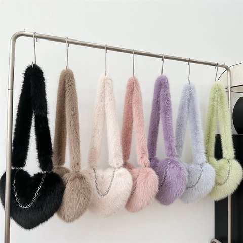 Sac Bandoulière En Peluche Forme Coeur Avec Chaîne Métallique Sac À Épaule Fausse Fourrure Style Rétro Femmes