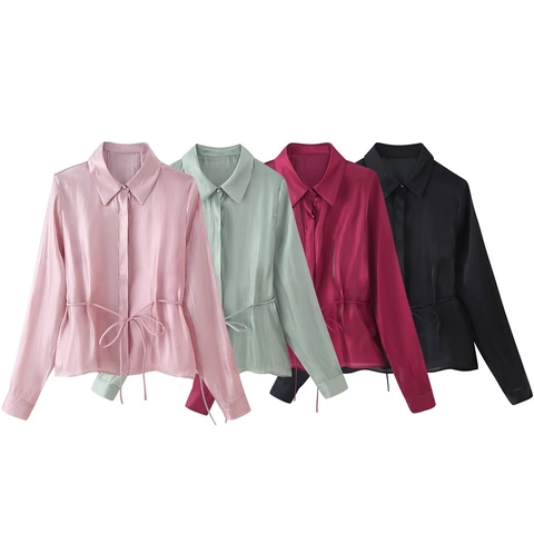 Women Satin Luster Polyester Blouse Long Sleeve Button Down Shirt With Waist Tie Bow Elegant Office Casual Solid Top