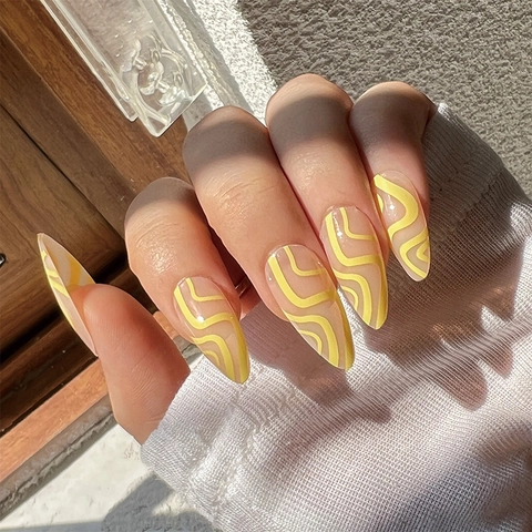 Unghie Finte Lunghe A Mandorla Stiletto Press On Con Motivo A Onde Astratte Gialle Per Donna