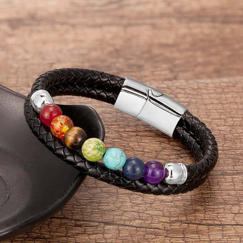 Bracciale In Pelle Intrecciata Con Grani Di Pietra Naturale Chakra E Chiusura Magnetica In Acciaio Inossidabile Gioielli Boho