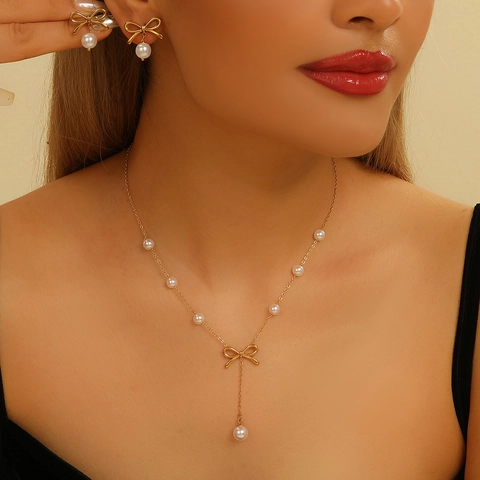 Elegant Bow Artificial Pearl Necklace And Stud Earrings Gold Plated Copper Jewelry For Women Wedding Bridal Party