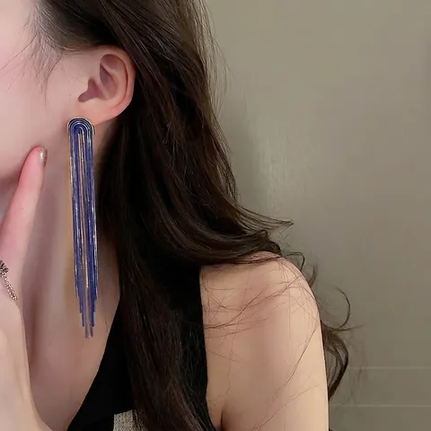 Blue Long Tassel Dangle Earrings For Women Copper Chain U Shaped Design With 925 Sterling Silver Earring Post
