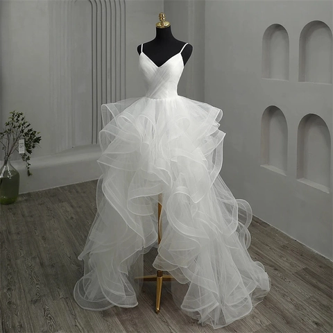 High-Low Wedding Dress V-Neck Spaghetti Straps Tiered Tulle Ruffle Bridal Gown Corset Back For Women