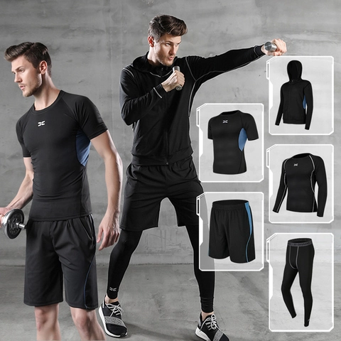 Men 5 Piece Sports Workout Set Quick Dry Running Fitness Compression Suits Polyester Hooded Jacket T-Shirt Shorts Pants Top And Bottom