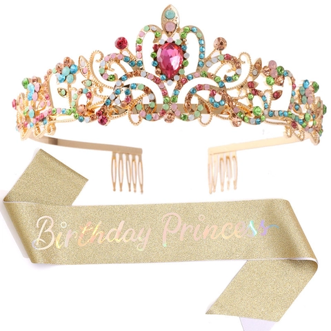Birthday Princess Schärpe Und Tiara Strass Metall Krone Glitzer Stoff Mädchen Frauen Party Dekorationen