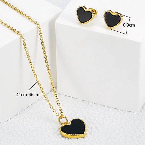 Collier Pendentif Cœur Et Boucles D'oreilles Bijoux Acier Inoxydable Émail Noir Élégant Minimaliste Pour Femmes