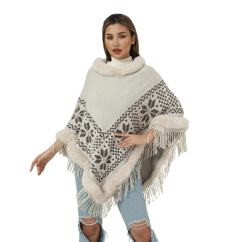 Women Knitted Poncho Cape With Faux Fur Collar Snowflake Geometric Pattern Tassel Hem Winter Warm Outdoor Casual