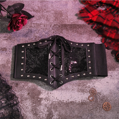 Women Gothic Faux Leather Corset Belt Lace Up Waist Cincher With Sequins Rivets Elastic Wide Waistband Vintage Punk Accessories