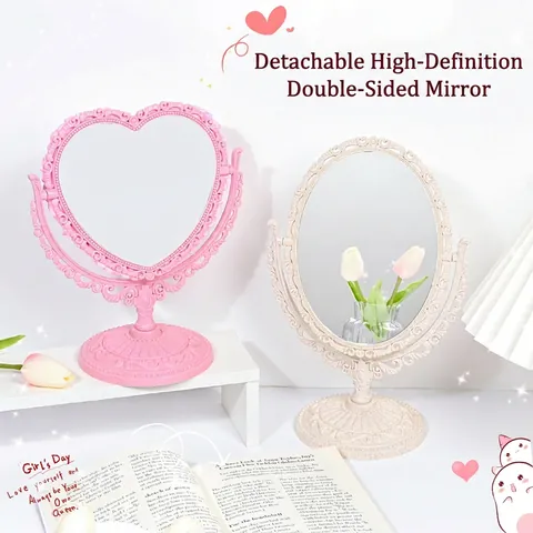 European Vintage Desktop Makeup Mirror Double Sided Heart Oval Embossed Retro Princess Vanity Tabletop Mirror