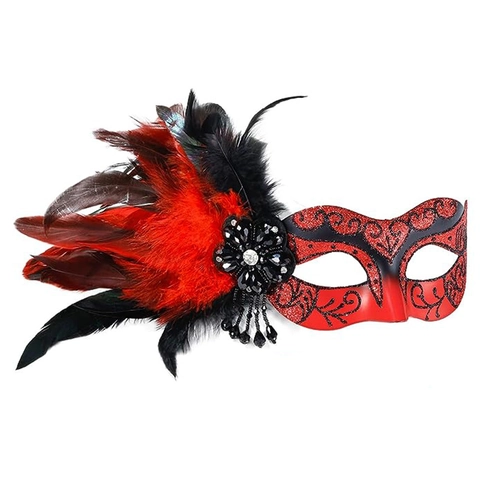 Venetian Masquerade Mask With Side Feathers Glitter Pattern Rhinestone Flower Tassel For Halloween Carnival Party Queen