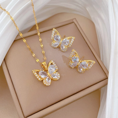 Elegant Butterfly Zircon Jewelry Titanium Steel Necklace Copper Earrings Luxury Banquet Party For Women