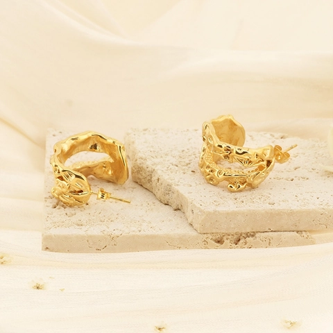 Vintage Irregular Lava Texture C-Shaped Hoop Earrings Stainless Steel Gold Plated Minimalist Elegant For Women