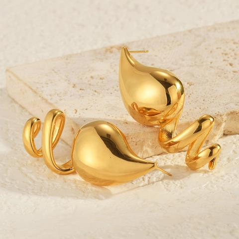 Fashion Stainless Steel Gold Water Drop Spiral Stud Earrings For Women Enamel Rhinestone Geometric Teardrop Jewelry