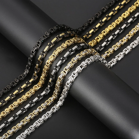 Men Byzantine Chain Necklace Stainless Steel King Chain Hip Hop Streetwear Gothic Polished Link Jewelry Unisex