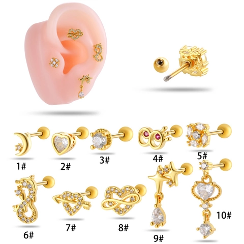 Roestvrijstalen Kraakbeen Piercing Studs Koper Zirkonia Hart Ster Maan Schroefbal Terug Oor Bot Sieraden Vrouwen