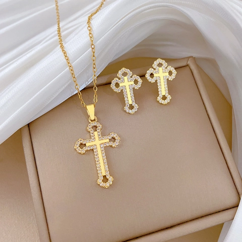 Collana A Croce E Orecchini Gioielli Catena Acciaio Inossidabile Rame Zirconia Inlay Lusso Religioso Placcato Oro Donne Elegante