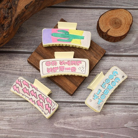 Western Style Hair Claw Clip Faux Leather Cactus Lightning Bolt Letters Rectangle Shark Hairpin For Women