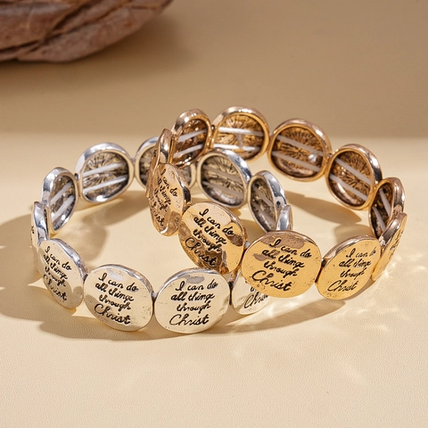 Retro Legierung Elastisches Armband Mit Graviertem Inspirierendem Bibelvers Kreisförmige Metallplatten Für Frauen