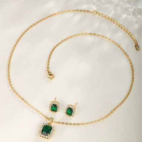 Retro Copper Alloy Zirconia Geometric Square Jewelry Set Elegant Emerald Green Ruby Red Earrings Pendant Women Jewelry