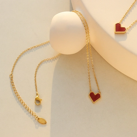 Hart Hanger Ketting 18K Verguld Titanium Staal Rood Emaille Kralenrand Vintage Ins Stijl Sieraden Voor Dames