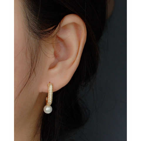 Elegante Kunstparel Hoop Oorbellen Met 925 Sterling Zilver Zirkoon Micro Pave C Vorm Hanger Sieraden Voor Dames