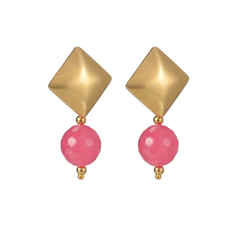 Fashion Stainless Steel Rhombus Beaded Drop Earrings For Women Geometric Gold Plated Colorful Resin Bead Stud Earrings