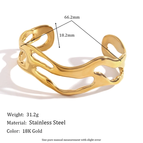 Hollow Wave Cuff Bracelet 18K Gold Plated Stainless Steel Irregular Liquid Metal Exaggerated Statement Jewelry For Women