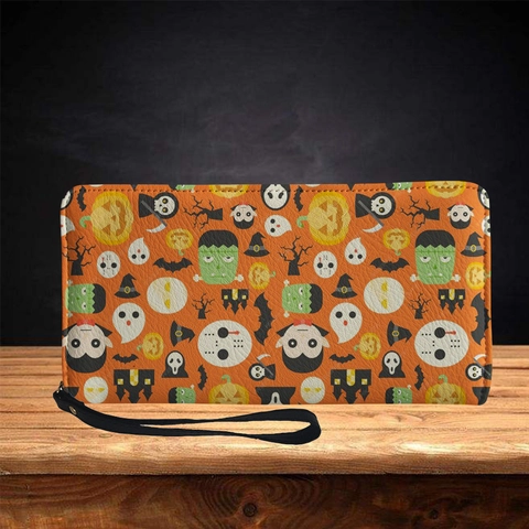 Damen Geldbörse Lang Mit Reißverschluss PU Leder Handschlaufe Halloween Tag Der Toten Totenkopf Druck Gothic Clutch Tasche