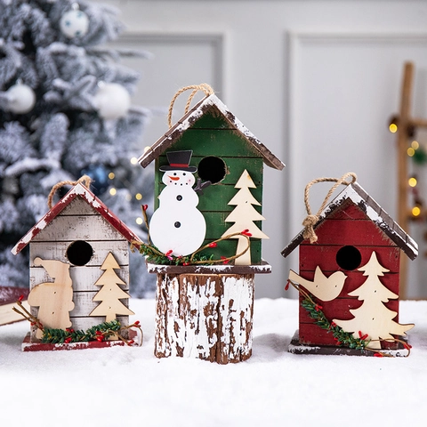 Ornamenti Sospesi Casetta Uccelli Natale Legno Pupazzo Di Neve Babbo Natale Decorazione Effetto Neve Casa Festa Tradizionale