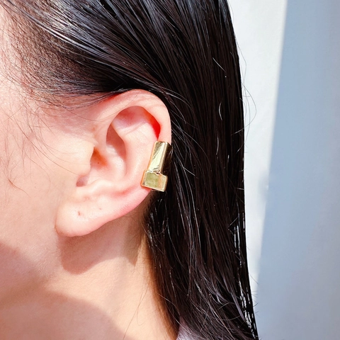 Futuristic Geometric Square Ear Cuff Non Piercing Polished Brass Plated Minimalist Unisex Trendy Cool Wrap Earrings