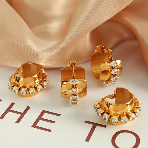 18K Gold Plated Stainless Steel Chunky Hoop Earrings With Oval Transparent Zircon Inlay Trendy Elegant Jewelry For Women