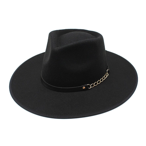 Breiter Rand Fedora Hut Wollfilz Retro Britischer Stil Jazz Kappe Mit Ledergürtel Und Goldener Metallkette Für Damen Herren