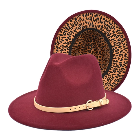 Wide Brim Wool Felt Fedora Hat With Leopard Print Lining Belt Buckle Jazz Cap Vintage Fashion For Women And Men