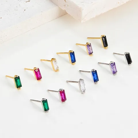 Rectangular Zircon Geometric Stud Earrings With 925 Sterling Silver Earring Post Colorful Baguette Jewelry For Women